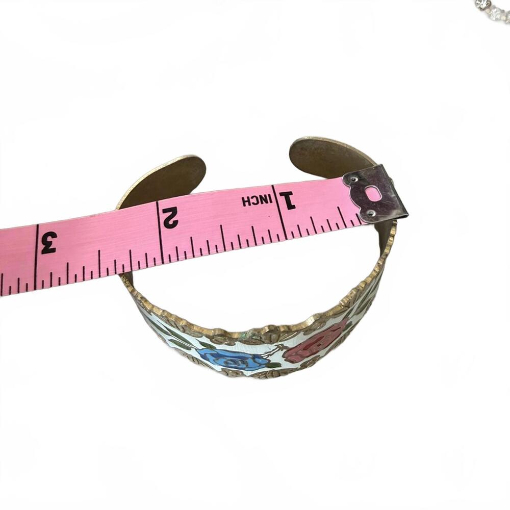 Vintage Cloisonné Enameled Metal Roses Cuff Bracelet Taiwan - Picture 6 of 7